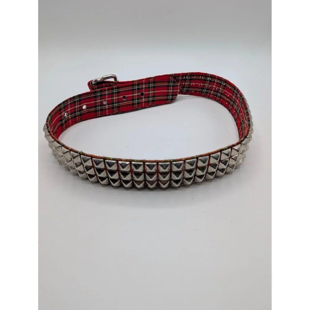 Funk Plus Red Plaid Tartan Triple Row Pyramid Stud Belt Made in USA Punk Small